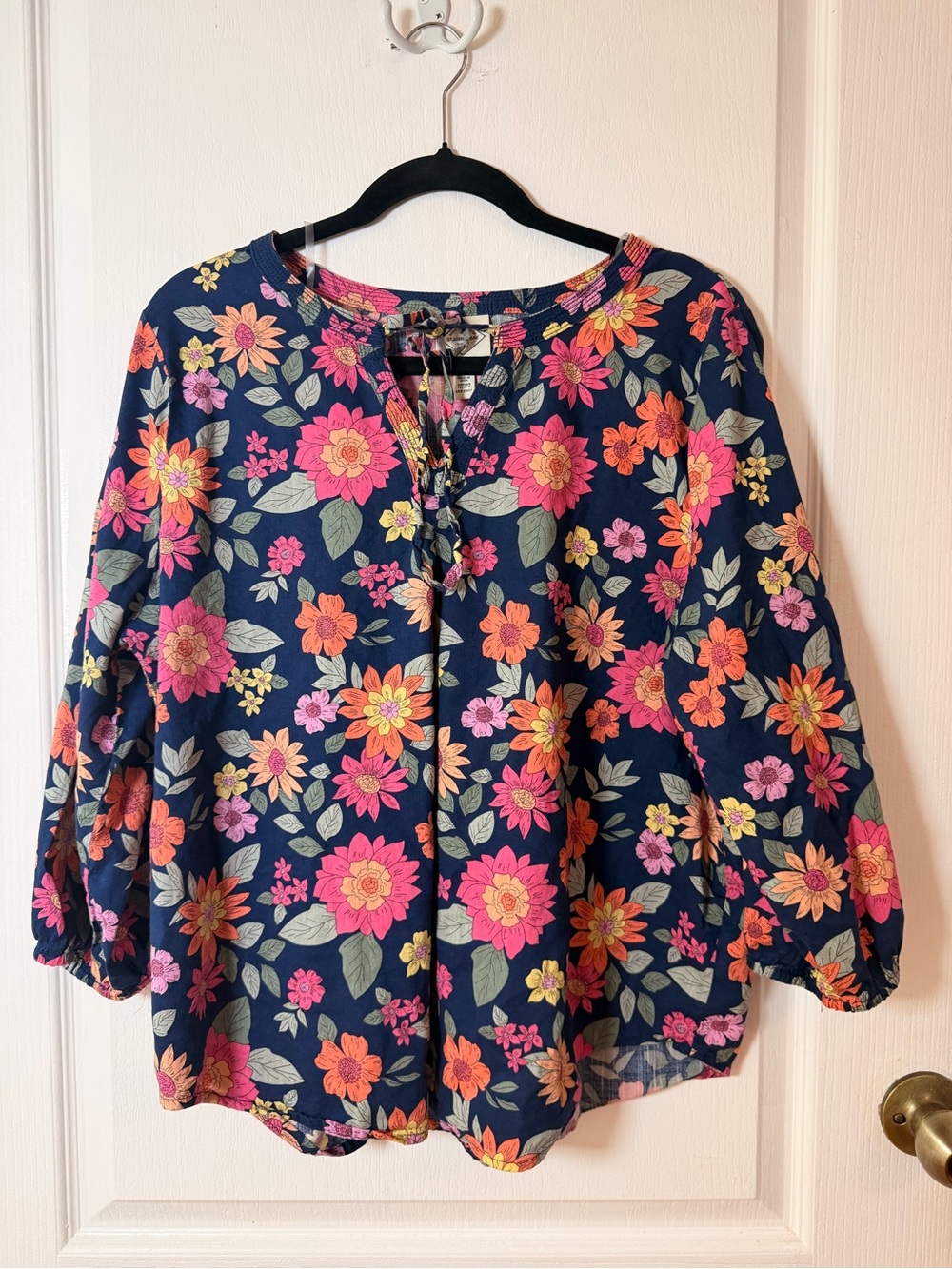 Floral Navy Blue Blouse Women’s Boho Tunic Top Long Sleeve Button Front